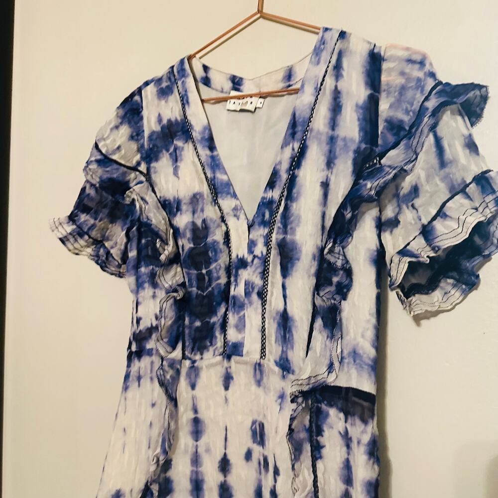 Tanya Taylor Women's Blue “Rhett” Tie-dye Print Short Sleeve Mini Dress Size 8 - Picture 6 of 7